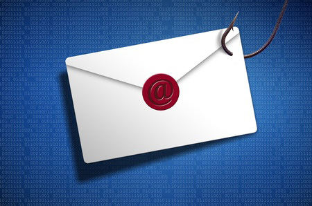 An envelope with an @ sign in red and a fishing hook through the corner of the envelope to depict email phishing